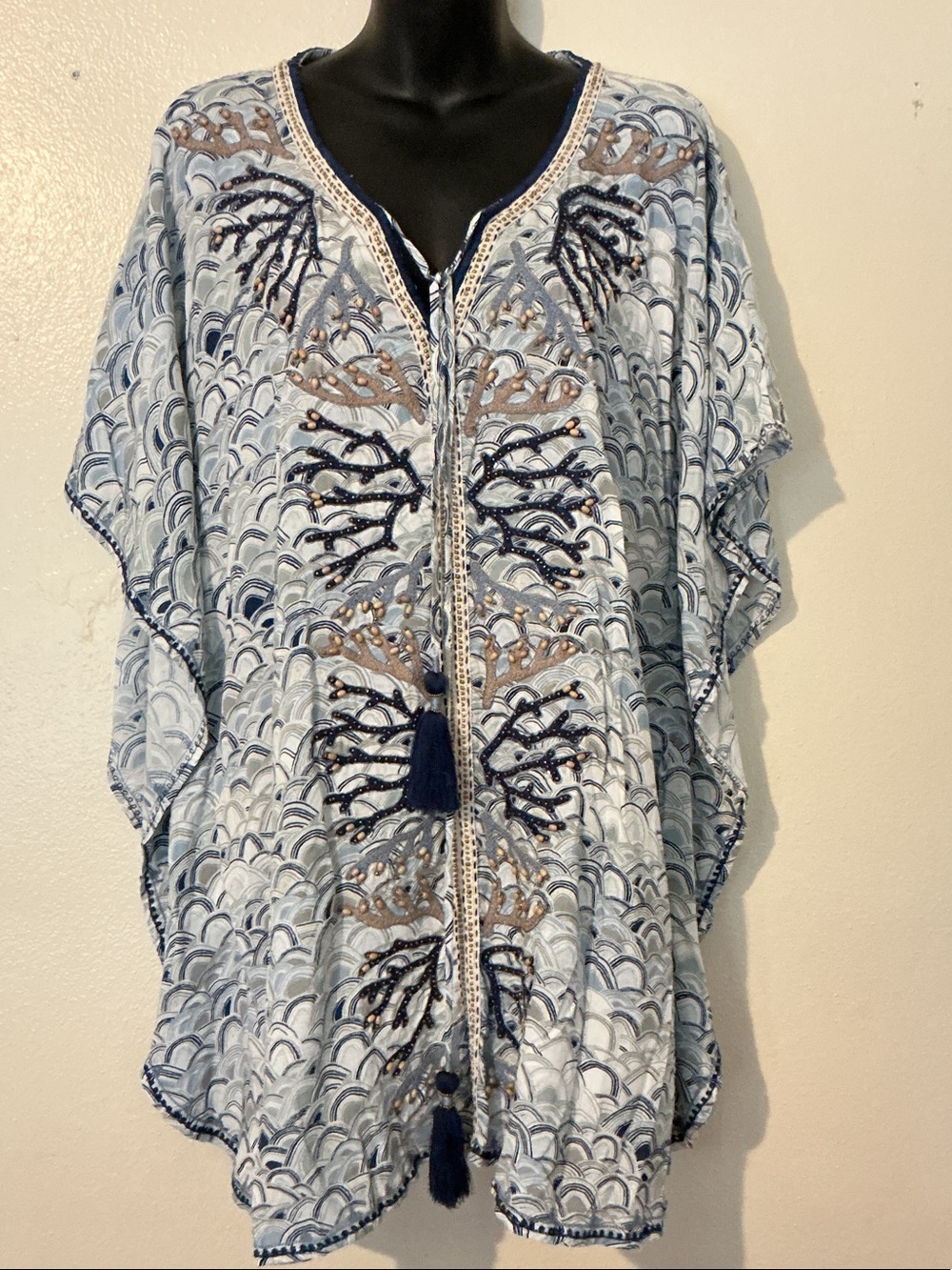 Skemo Light Blue Embroidered Caftan Tunic with Navy and Tan Accents
